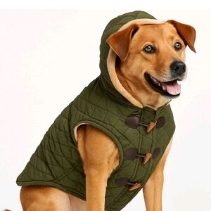 Small Nautica Olive Quilted Hooded Dog Coat Soft Fleece Lined Toggle Front Warm
